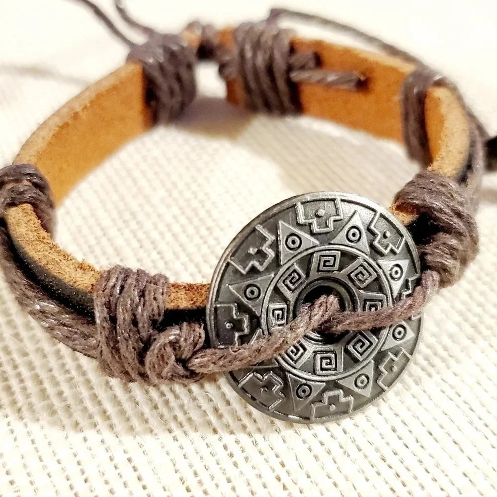 Aztec Sun Leather Cotton Bracelet Adjustable - Picture 2 of 6